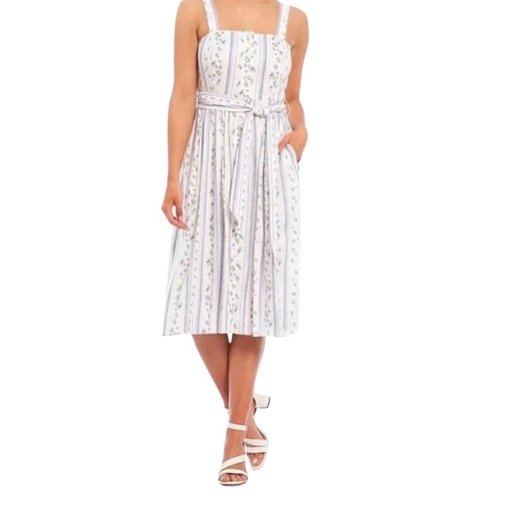 ANTONIO MELANI NEW White Violet Blue Floral Linen Midi Prairie DressSide Pockets